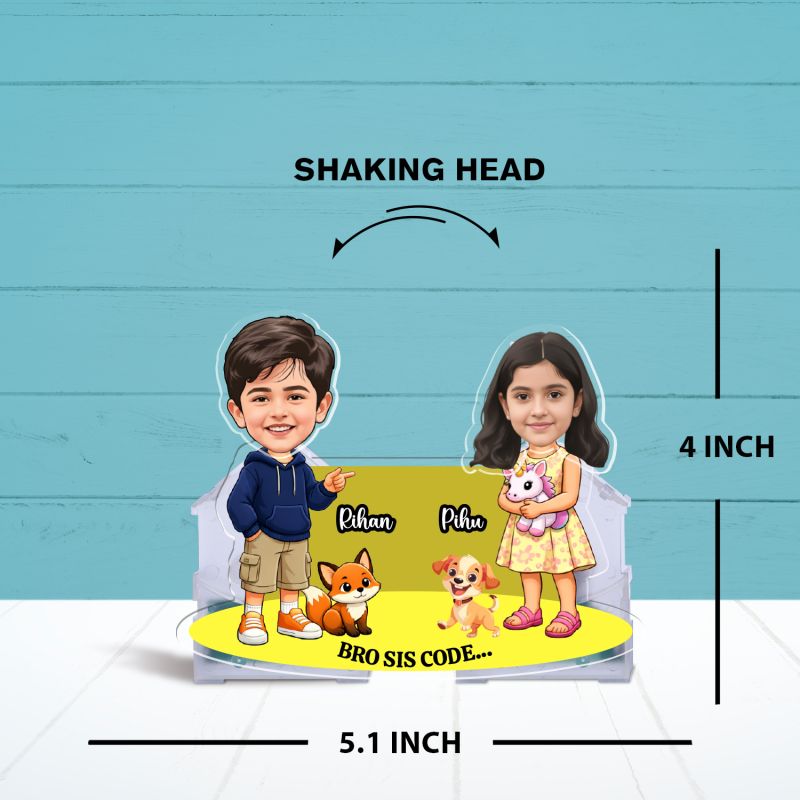 Personalized Brother & Sister Bobblehead Caricature Custom with Face Cutout Perfect for Birthdays, Raksha bandhan, and Home Decor Battey Powered Moving Head